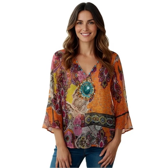 Boston‎ Proper Blouse Women's Size Small Paisley Beaded Tunic Sheer Lightweight - Picture 1 of 4